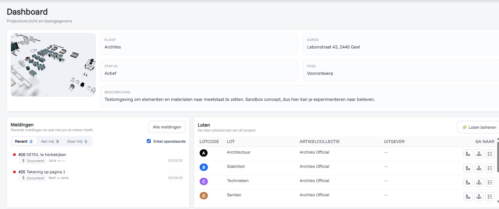 Projectdashboard met meldingen en loten